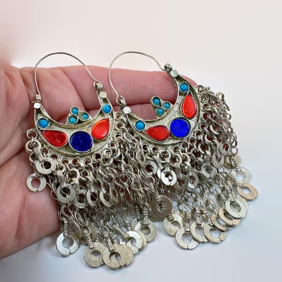 Afghan Earrings, Kuchi Hoops, Dangles, Vintage, Big, Silver, Ethnic Tribal, Long